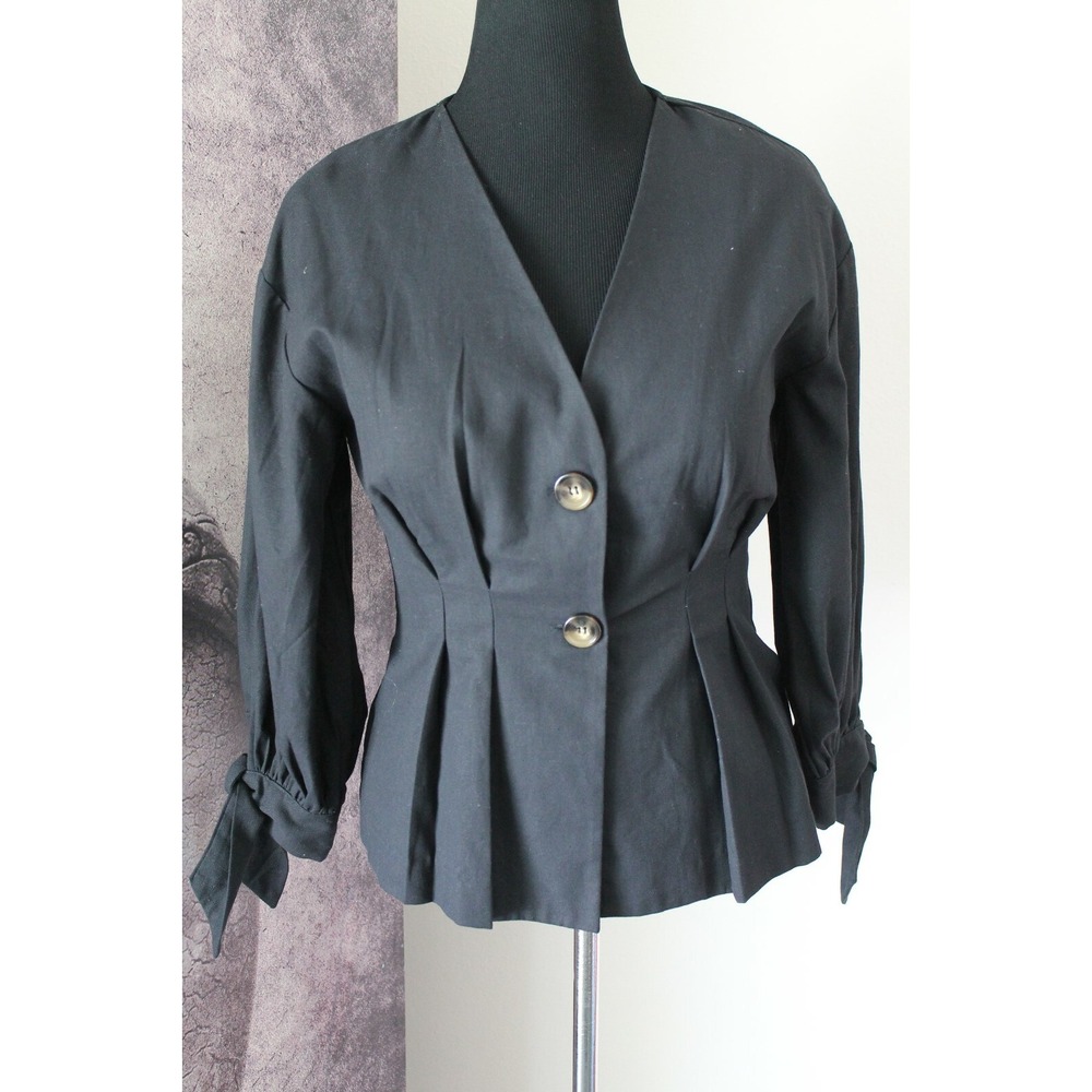 All:Row Pleated V Neck Long Sleeve w/ Tie Hem Black Button Down Shirt sz S‎